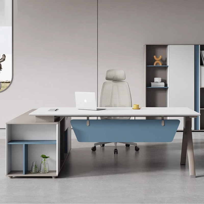 White Blue L shape Desk Solid Manufactured Wood desks 29.53 H x 70.87 W x 66.14 D